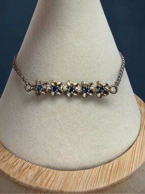925 Italy Sterling Silver Blue Spinel Hawaiian Plumeria Flower Bracelet Vintage